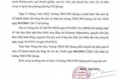 THÔNG BÁO THAY ĐỔI THỜI GIAN LỄ KHÁNH THÀNH SÂN BÓNG ĐÁ MINI CỎ NHÂN TẠO – TRƯỜNG THCS PHỔ QUANG ⚽