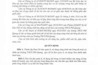 QUYẾT ĐỊNH BAN HÀNH QUY CHẾ SỬ DỤNG SÂN BÓNG MINI TRƯỜNG THCS PHỔ QUANG