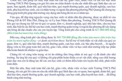 THƯ CẢM ƠN – TỔNG HỢP DANH SÁCH ỦNG HỘ KINH PHÍ   XÂY DỰNG SÂN BÓNG ĐÁ MINI CỎ NHÂN TẠO   CHO HỌC SINH TRƯỜNG THCS PHỔ QUANG, NĂM HỌC 2024 – 2025  (Danh sách được lập đến hết ngày 01/4/2025)